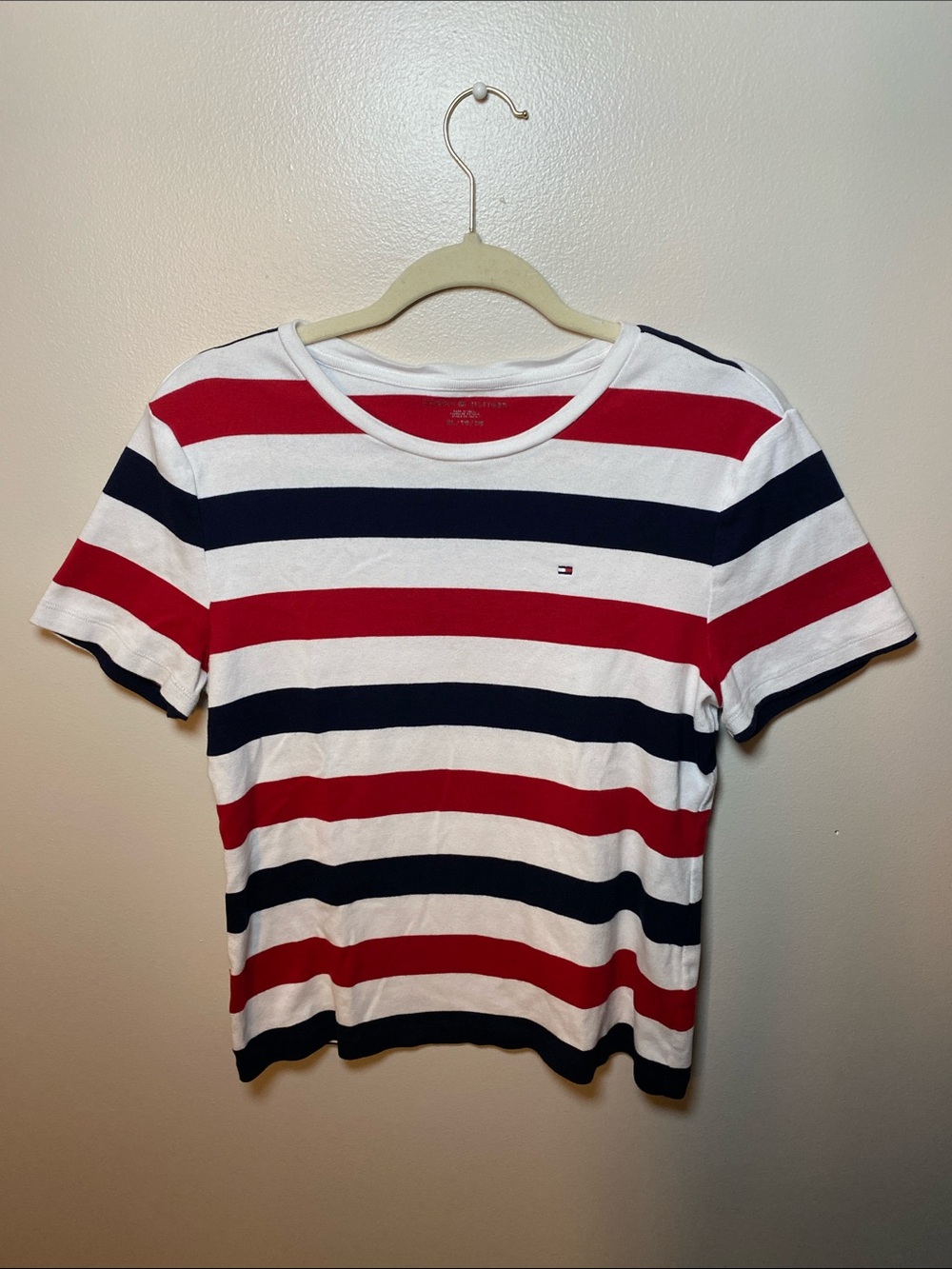 Tommy Hilfiger Red Navy White Striped Cotton Crewneck Tee